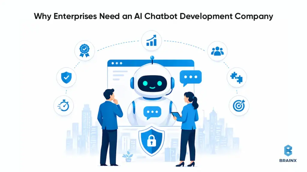 Enterprise AI assistant with security, automation, and workflow integration illustrated between business users.