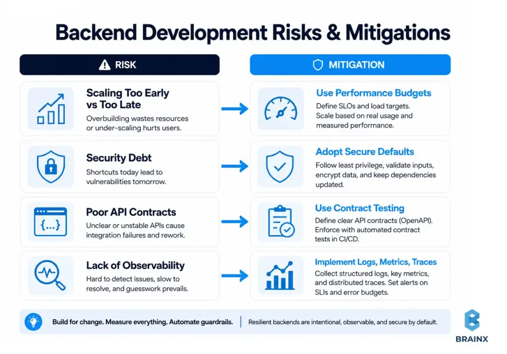 Infographic showing app backend development risks and mitigation steps for scaling, security, APIs, and observability.