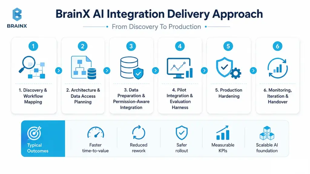BrainX AI integration services roadmap showing six phases from discovery to handover.