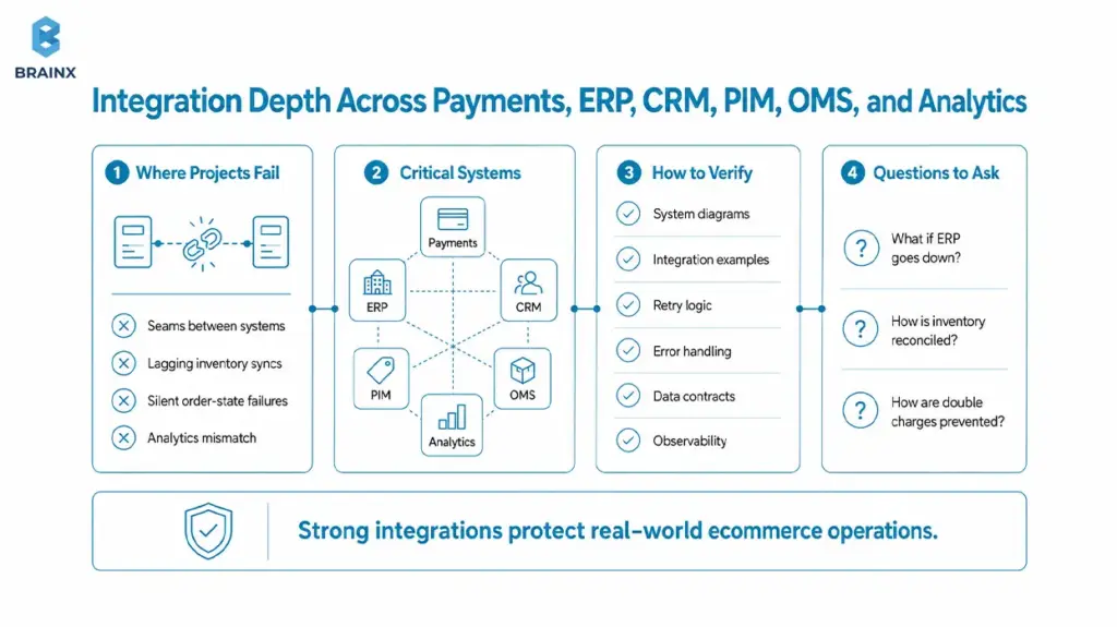 Infographic showing ecommerce integrations across product data, ERP, CRM, OMS, analytics, and order flows.