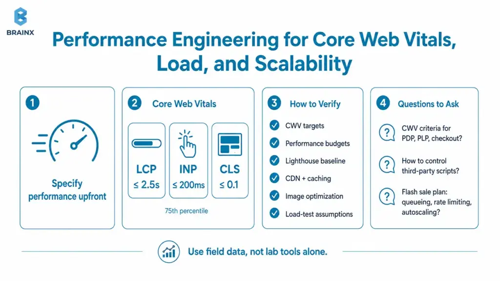 Infographic showing ecommerce performance targets, Core Web Vitals, verification steps, and key questions.