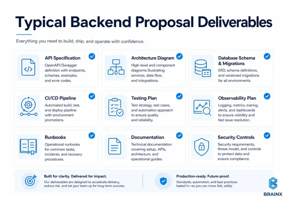 Infographic showing backend proposal deliverables, from API specs to testing, monitoring, and security controls.