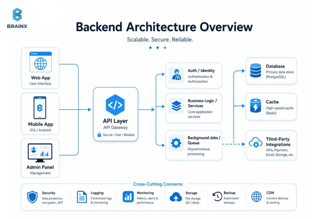Backend app development company architecture showing API layer, services, database, cache, and integrations.