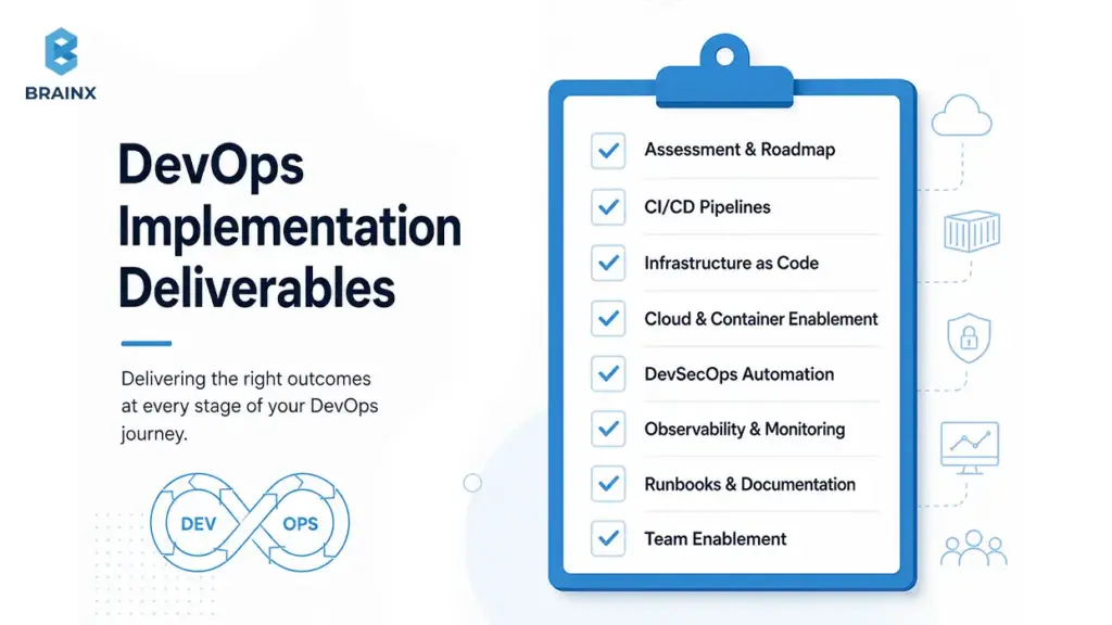 Clipboard checklist of key deliverables in DevOps implementation services.