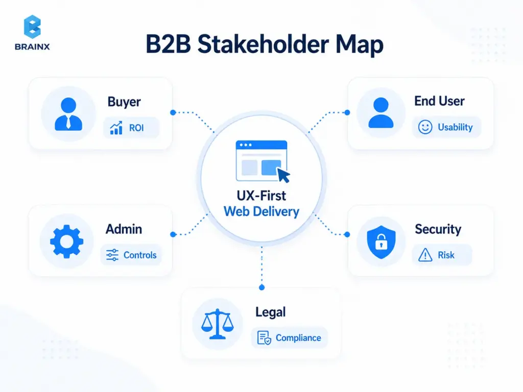 B2B stakeholder map showing buyer, admin, end user, legal, and security roles in UX-first web delivery.