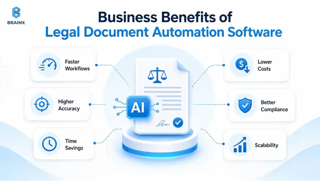 AI legal document automation software showing workflow, accuracy, cost, compliance, and scalability benefits.