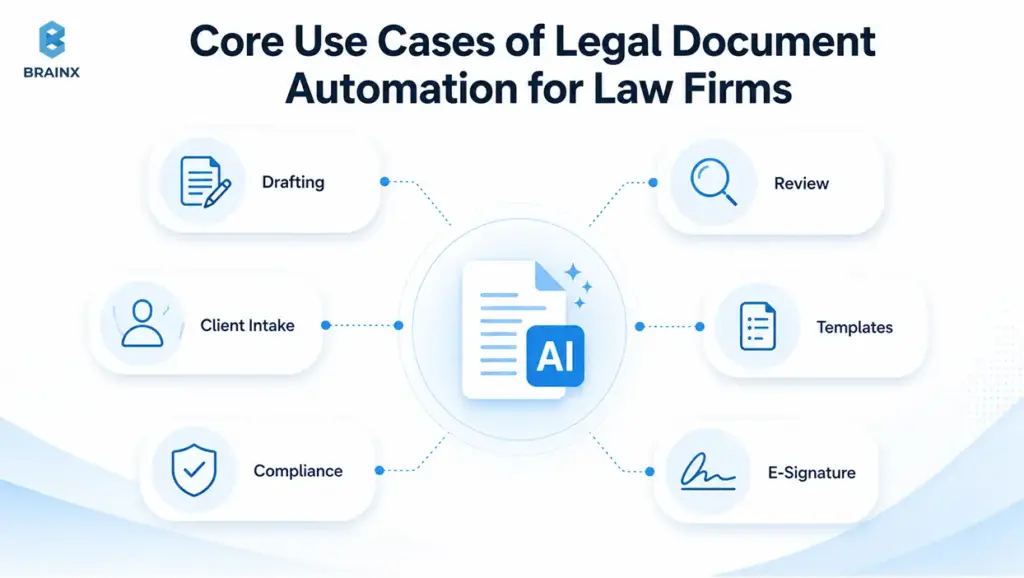 AI workflow diagram showing legal document automation for drafting, review, intake, templates, compliance, and e-signature.