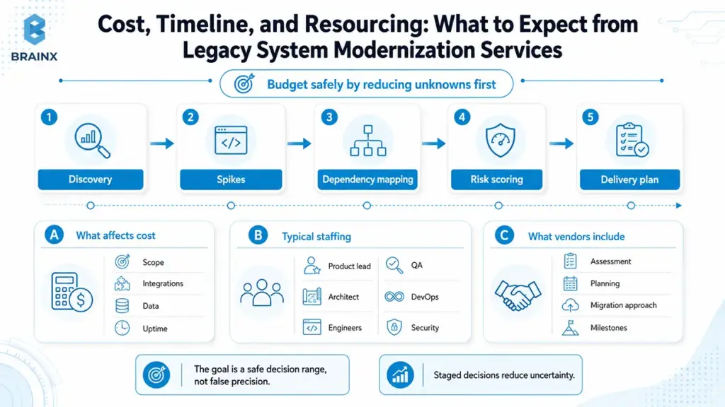 Infographic showing discovery, cost drivers, staffing, risk scoring, and planning for legacy system modernization services.