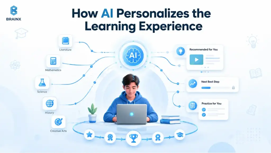 AI-powered learning dashboard personalizing lessons, feedback, and progress for a student.