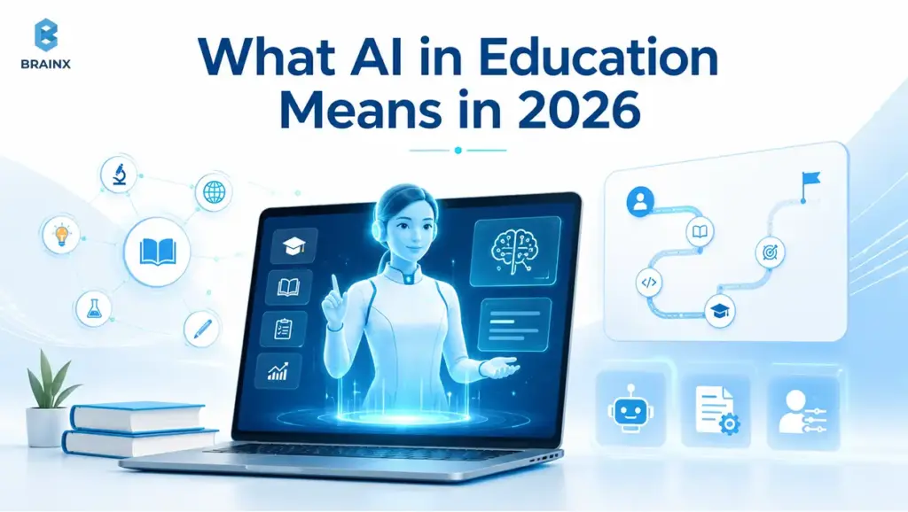 AI in education interface with virtual tutor, learning tools, and student support icons.