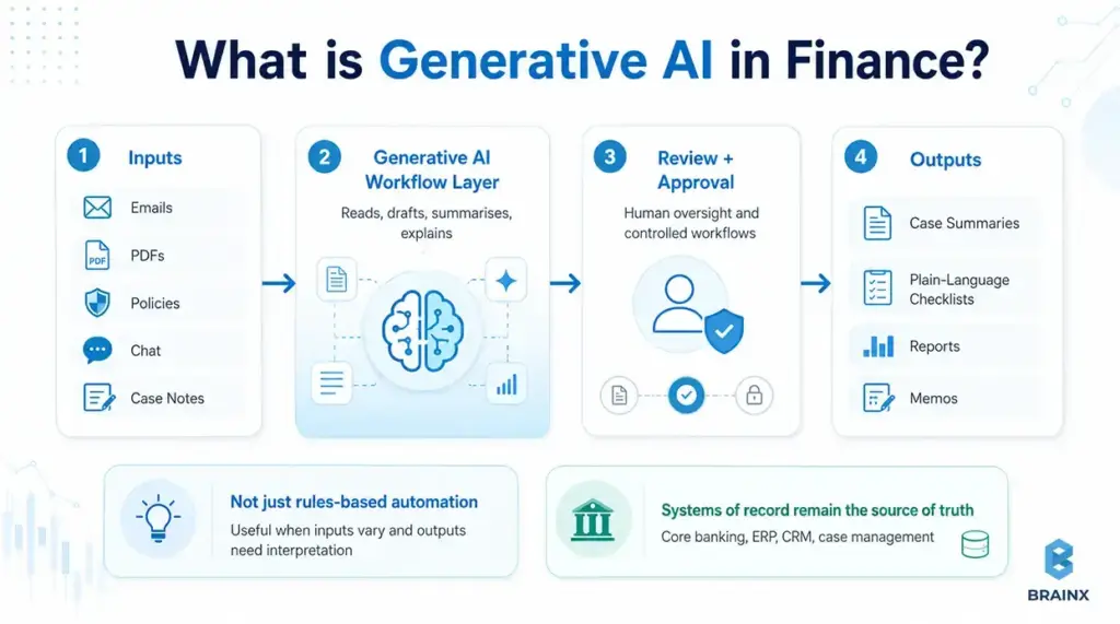 Generative AI in finance workflow showing inputs, review, and output summaries.