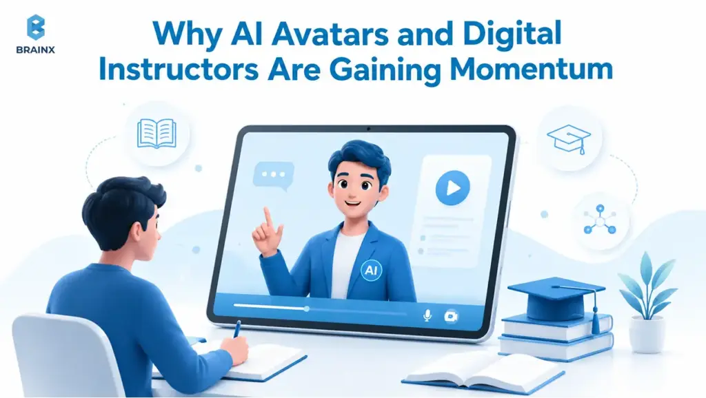 AI avatar tutor guiding an online learner through a digital lesson.