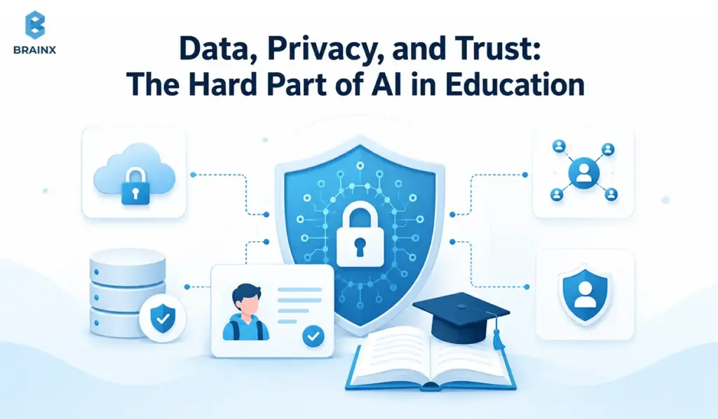 Shield and lock icons protecting student records in an AI-powered education platform.