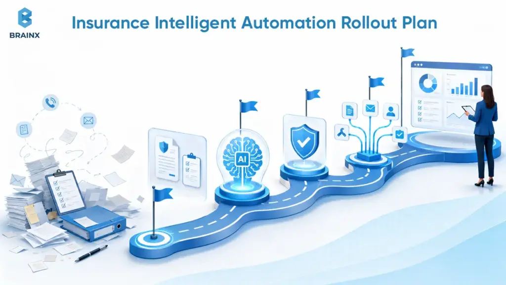 Roadmap illustration showing staged insurance AI automation with document intake, security, workflow, and analytics.