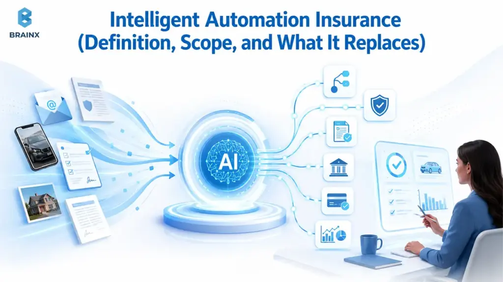 Insurance professional reviewing an AI-powered claims workflow connecting documents, policy checks, and automated decisions.