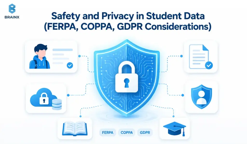 Shield with lock icon linked to student data and compliance symbols for FERPA, COPPA, and GDPR.