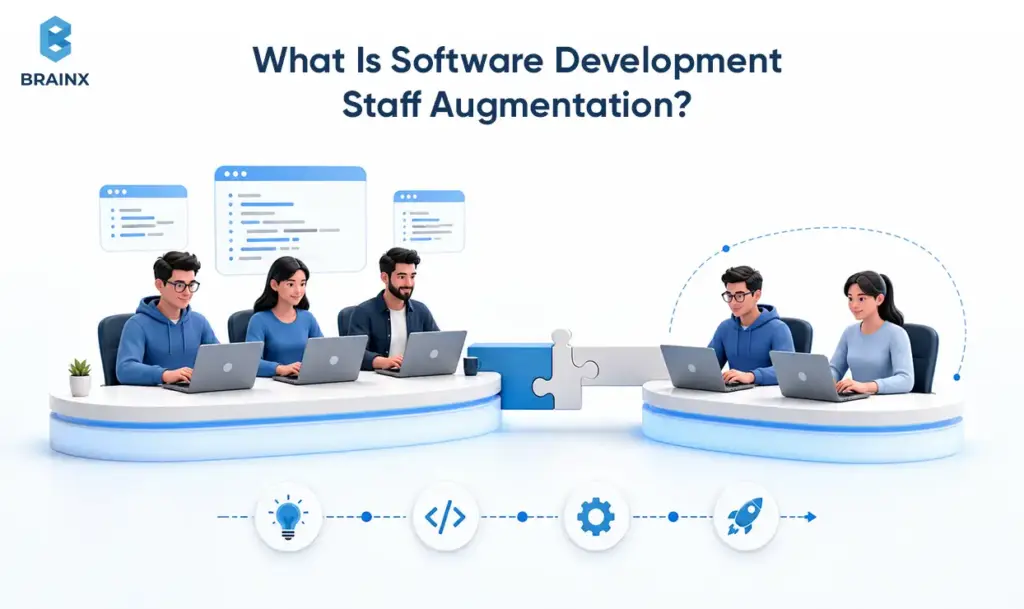 Software development staff augmentation connecting in-house and external engineers in a shared workflow.